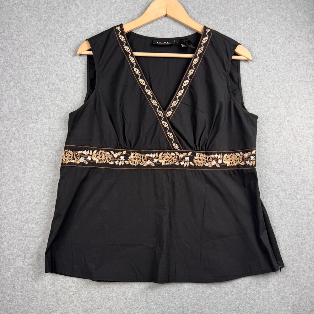 Vintage Axcess Tank Top Womens XL / 16 Black Floral Y2K Embroidered Babydoll